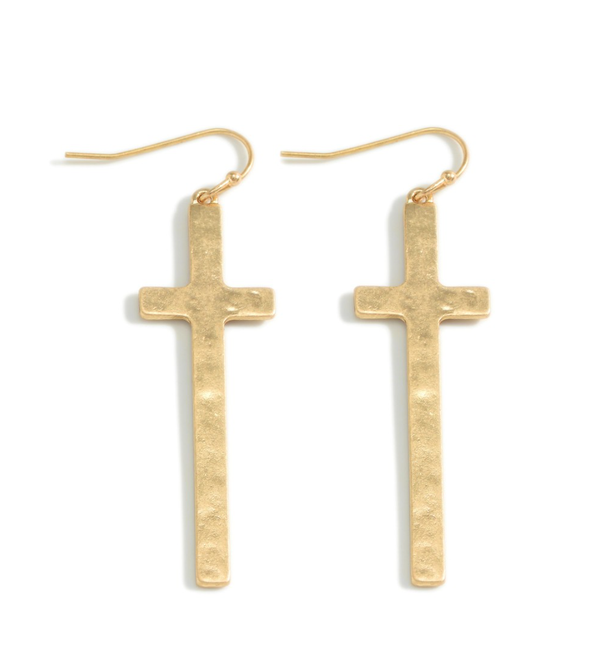 Worn Cross Earrings in gold.