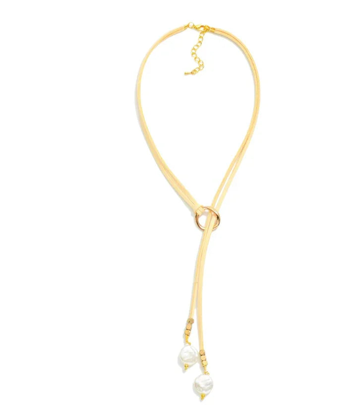 Leather Pearl Necklace - Beige