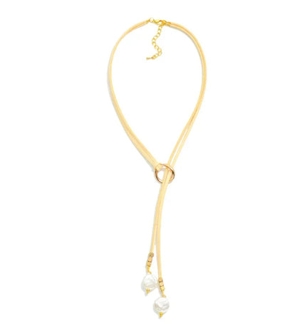 Leather Pearl Necklace - Beige