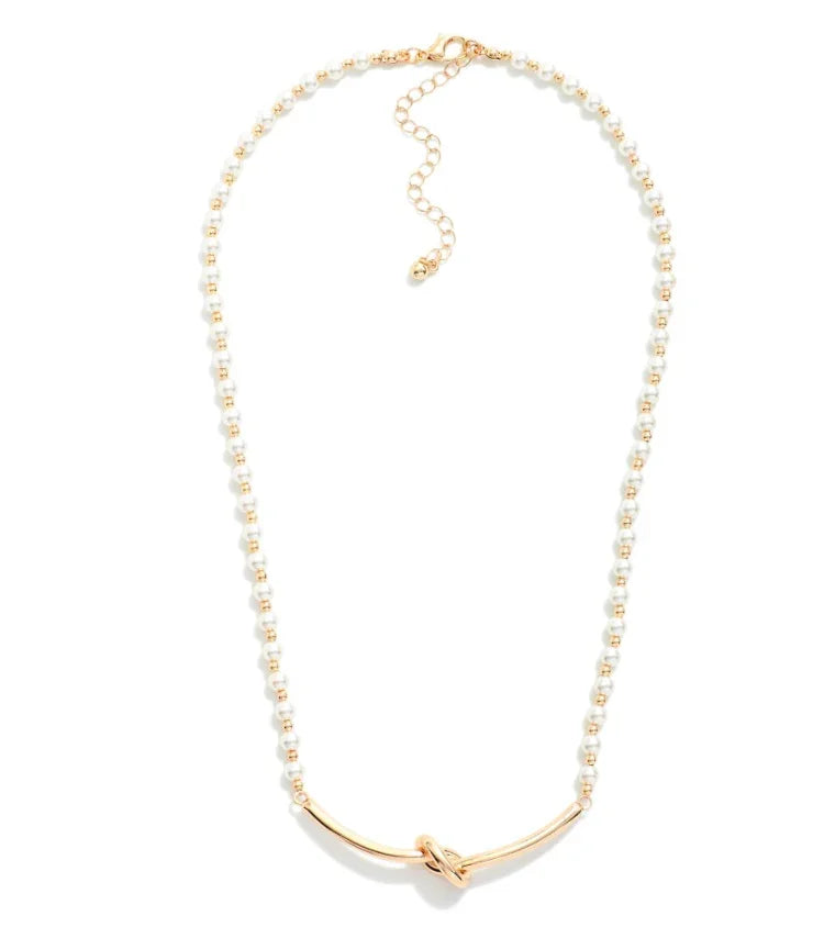 Knotted Bar Pearl Necklace - Gold