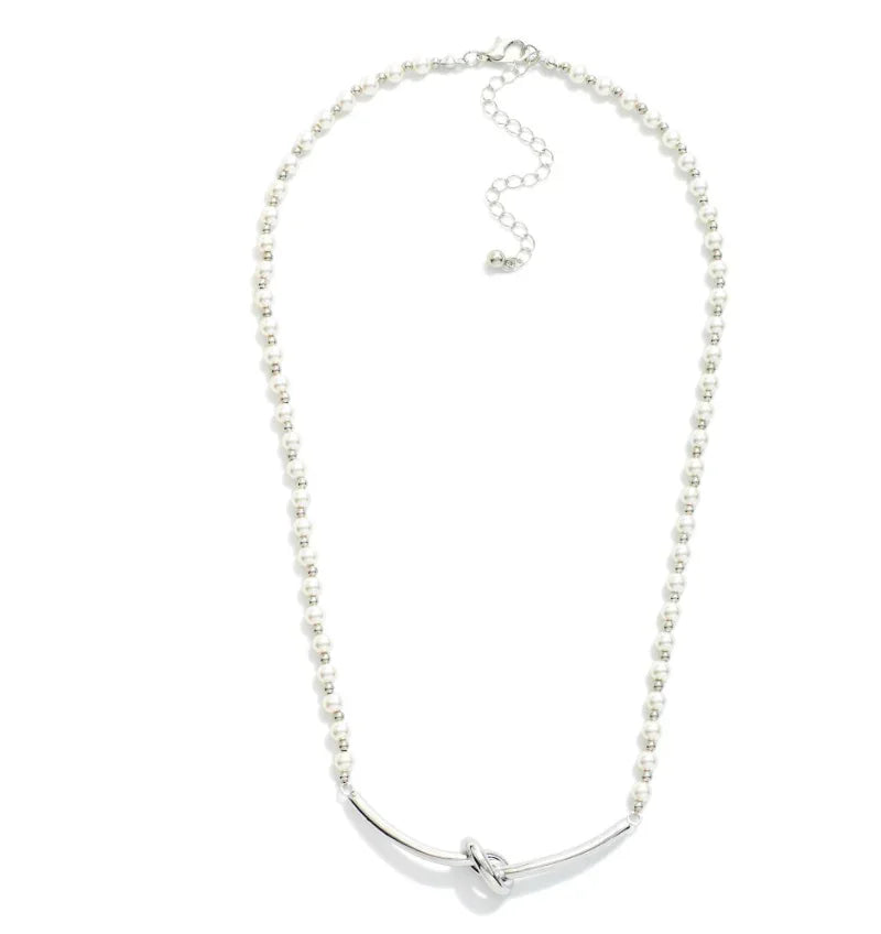Knotted Bar Pearl Necklace - Silver