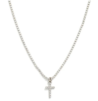Rhinestone Cross Chain Necklace - Silver