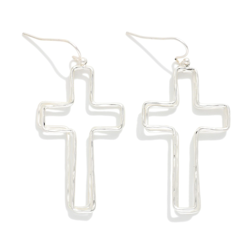 Layered Hollow Cross Earrings - Silver