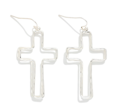 Layered Hollow Cross Earrings - Silver
