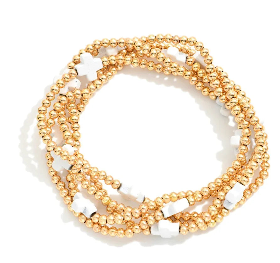 Gold Beaded Stretch Cross Bracelet Set
