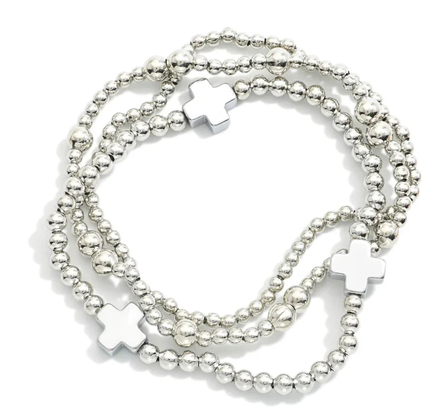 Silver Beaded Stretch Bracelet Set