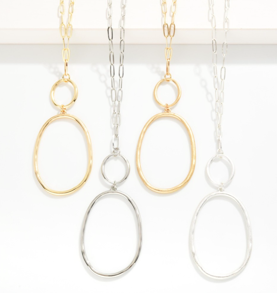 Long Chain Link Oval Pendant Necklace