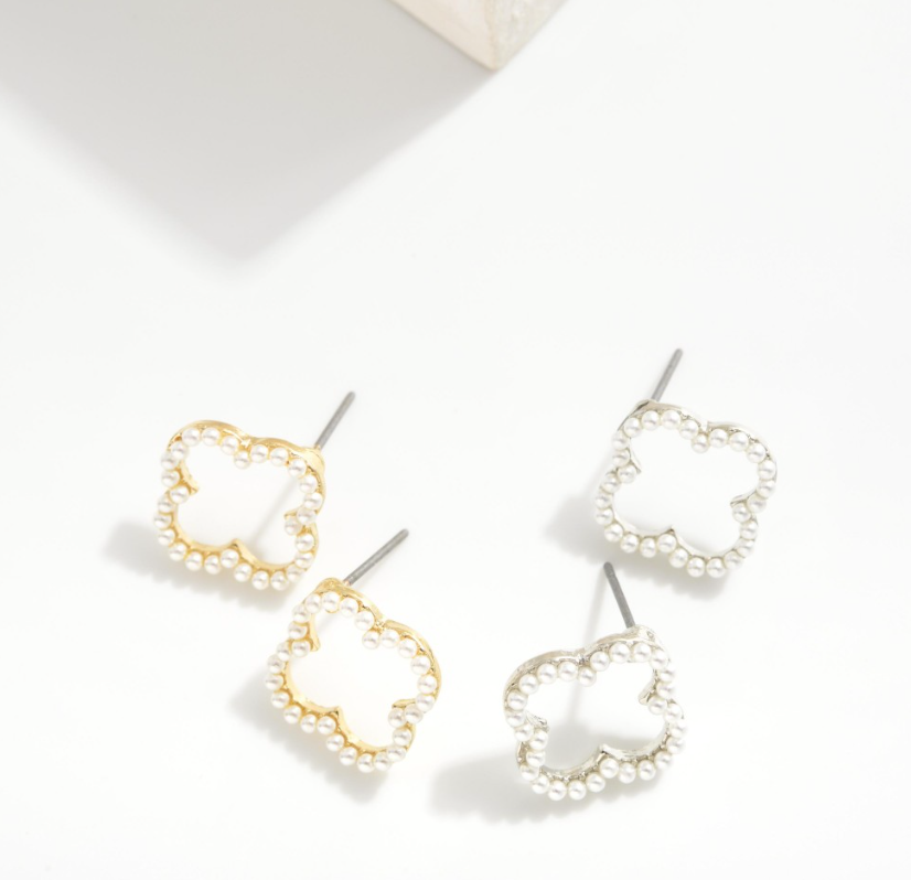 Pearl Studded Clover Earrings