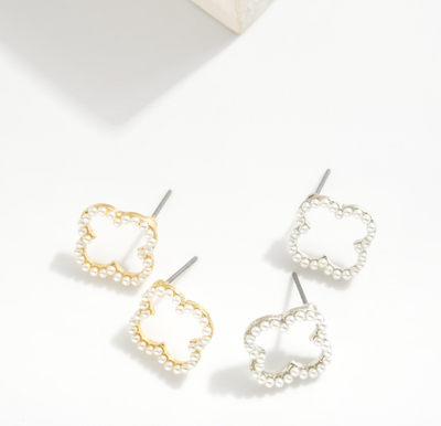 Pearl Studded Clover Earrings
