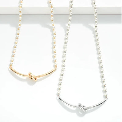 Knotted Bar Pearl Necklace - Gold