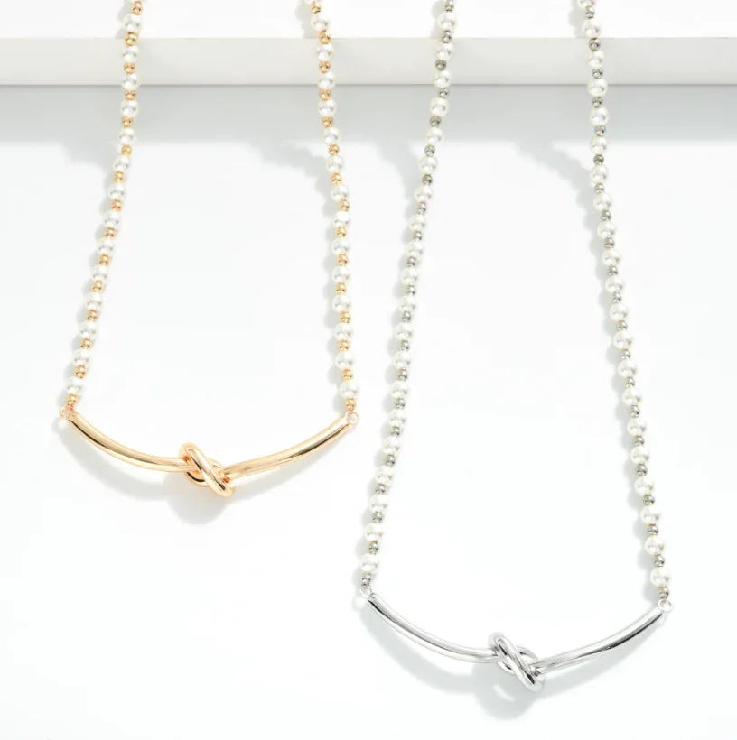 Knotted Bar Pearl Necklace - Silver