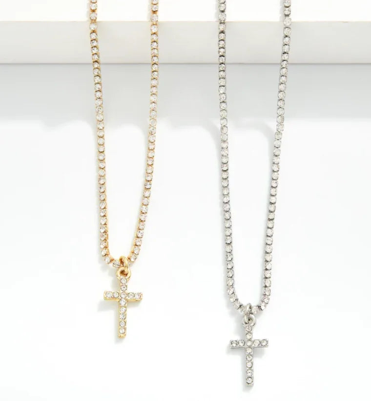 Rhinestone Cross Chain Necklace - Silver