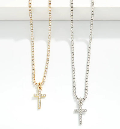 Rhinestone Cross Chain Necklace - Silver