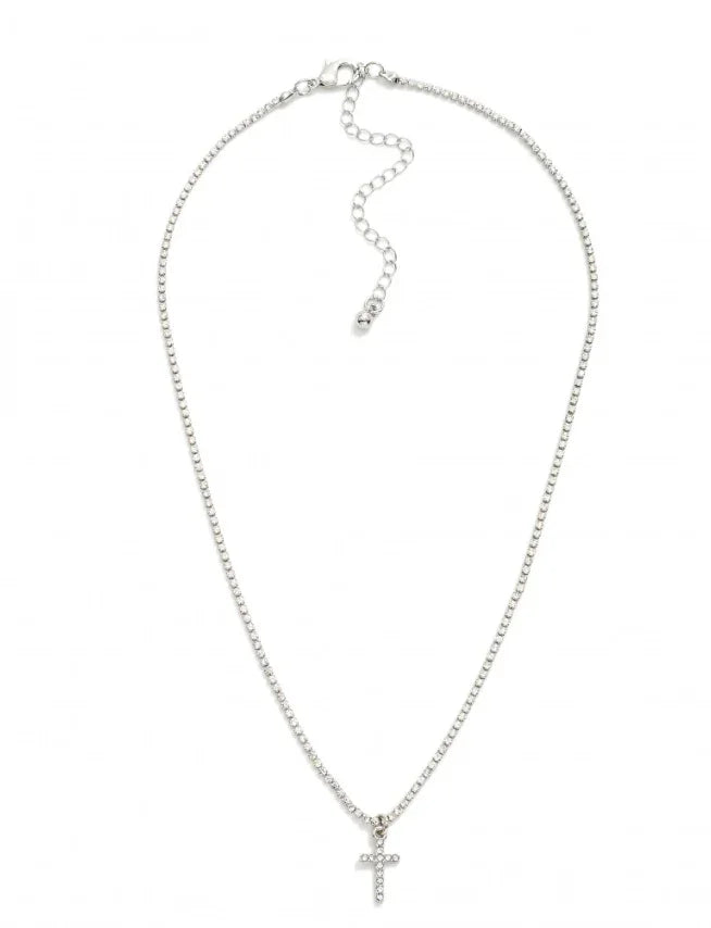 Rhinestone Cross Chain Necklace - Silver