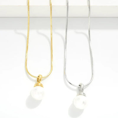Snake Chain Pearl Necklace - Silver