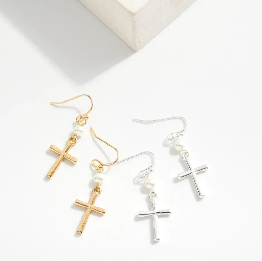 Cross & Pearl Drop Earrings