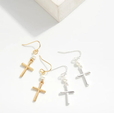 Cross & Pearl Drop Earrings