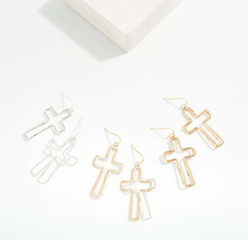Layered Hollow Cross Earrings - Gold