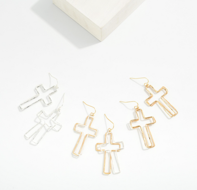 Layered Hollow Cross Earrings - Gold