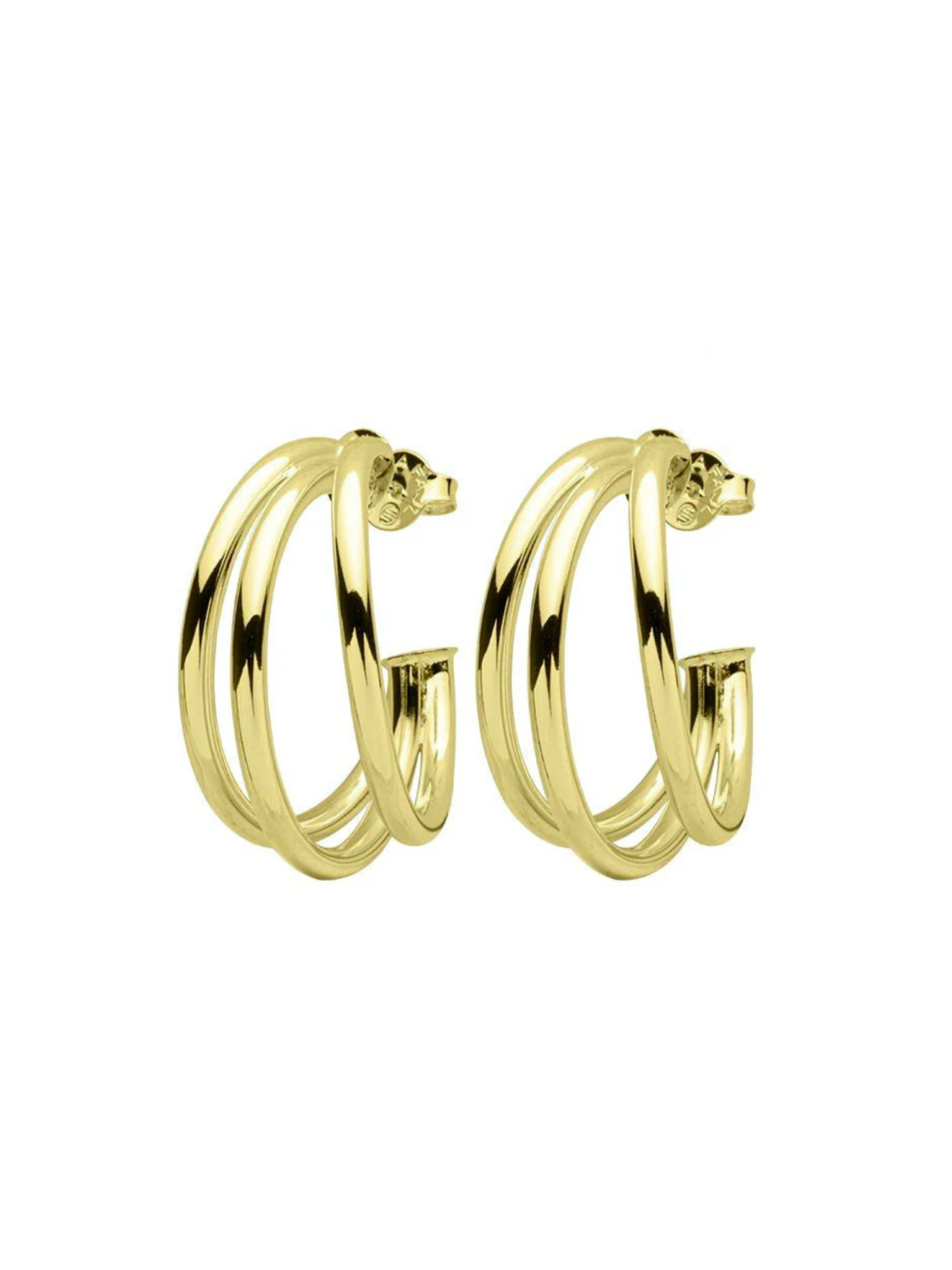 Shelia Fajl Small Claire Triple Hoops in shiny Gold on white background.