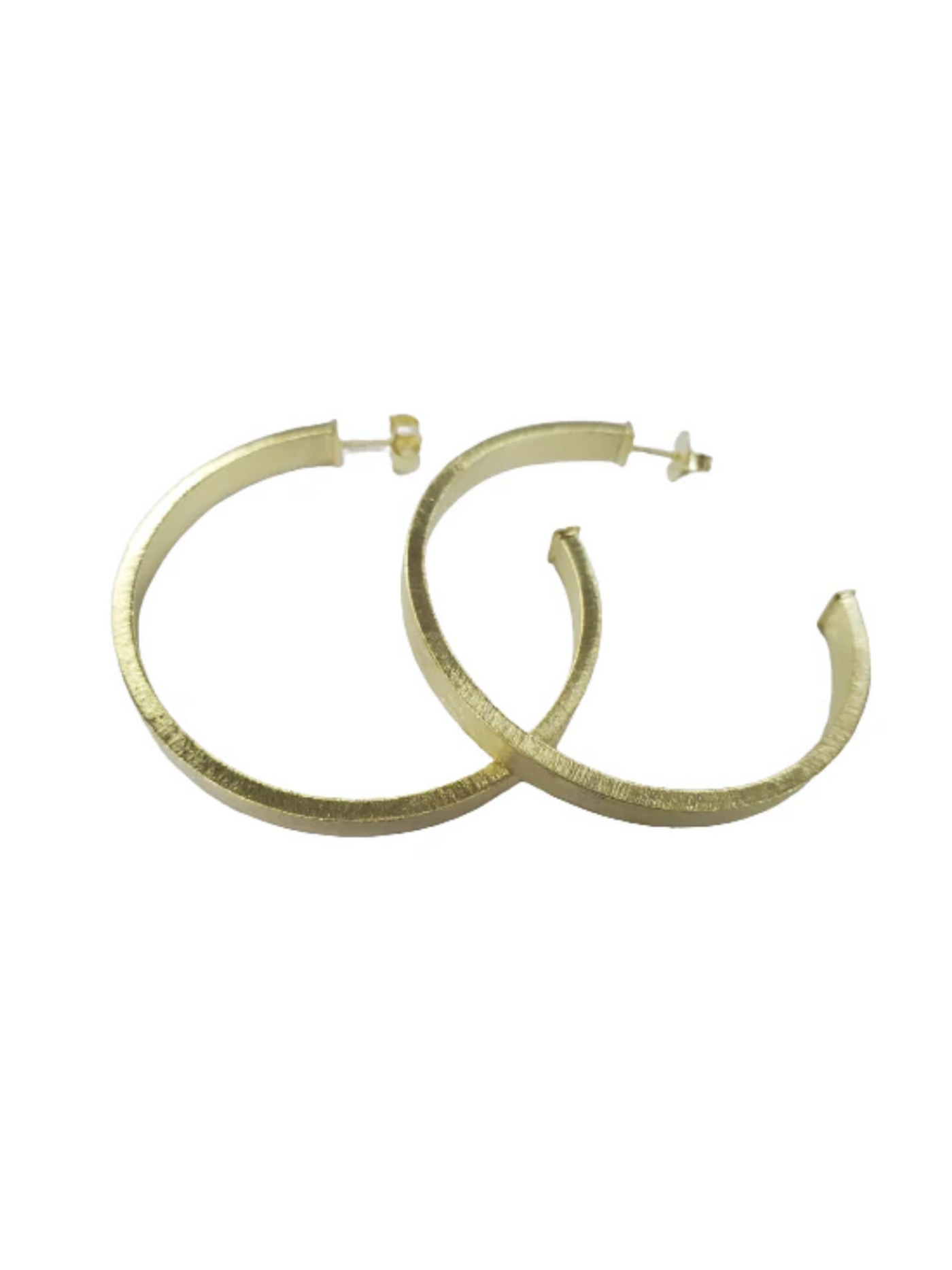 Shelia Fajl Small Lunaria Hoops in scratched Gold on white background.