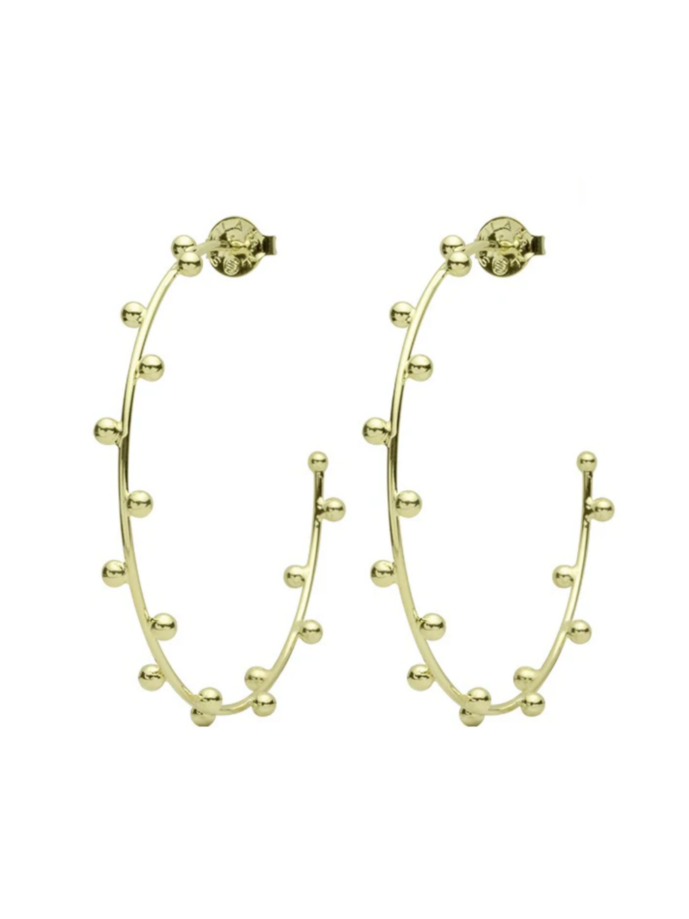 Shelia Fajl Thin Merry Go Round Beaded Hoops in shiny Gold on white background, front view.