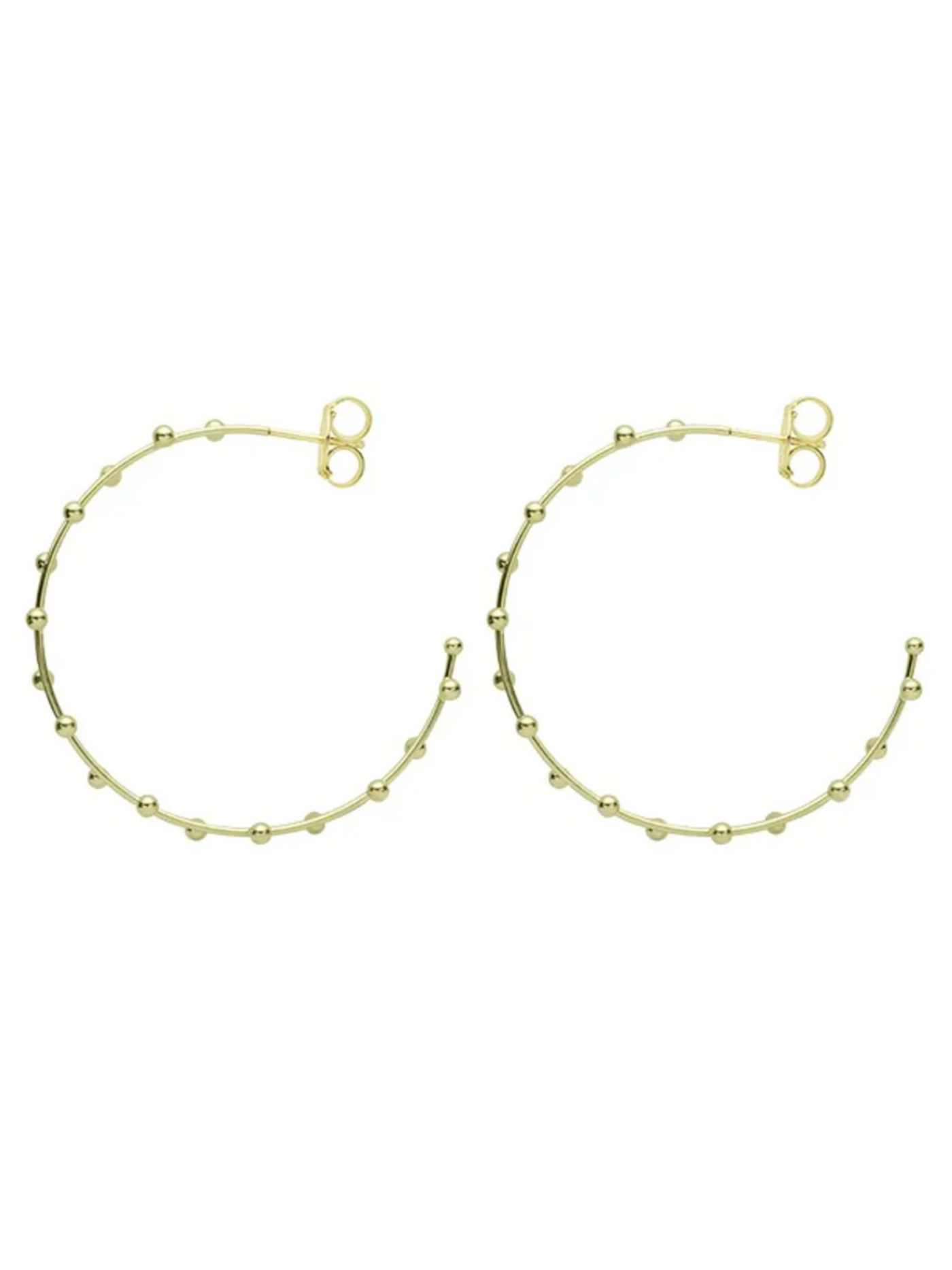Shelia Fajl Thin Merry Go Round Beaded Hoops in shiny Gold on white background, side view.