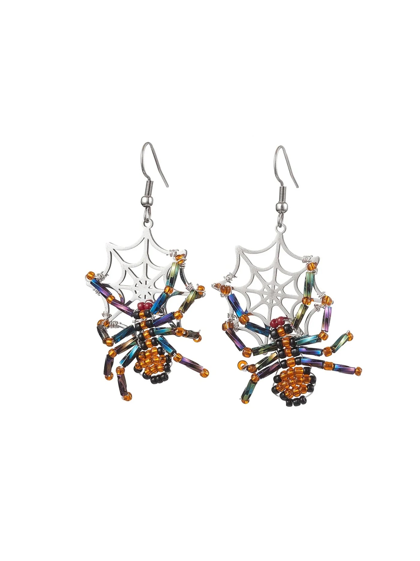 Colorful spider earrings on a white background.