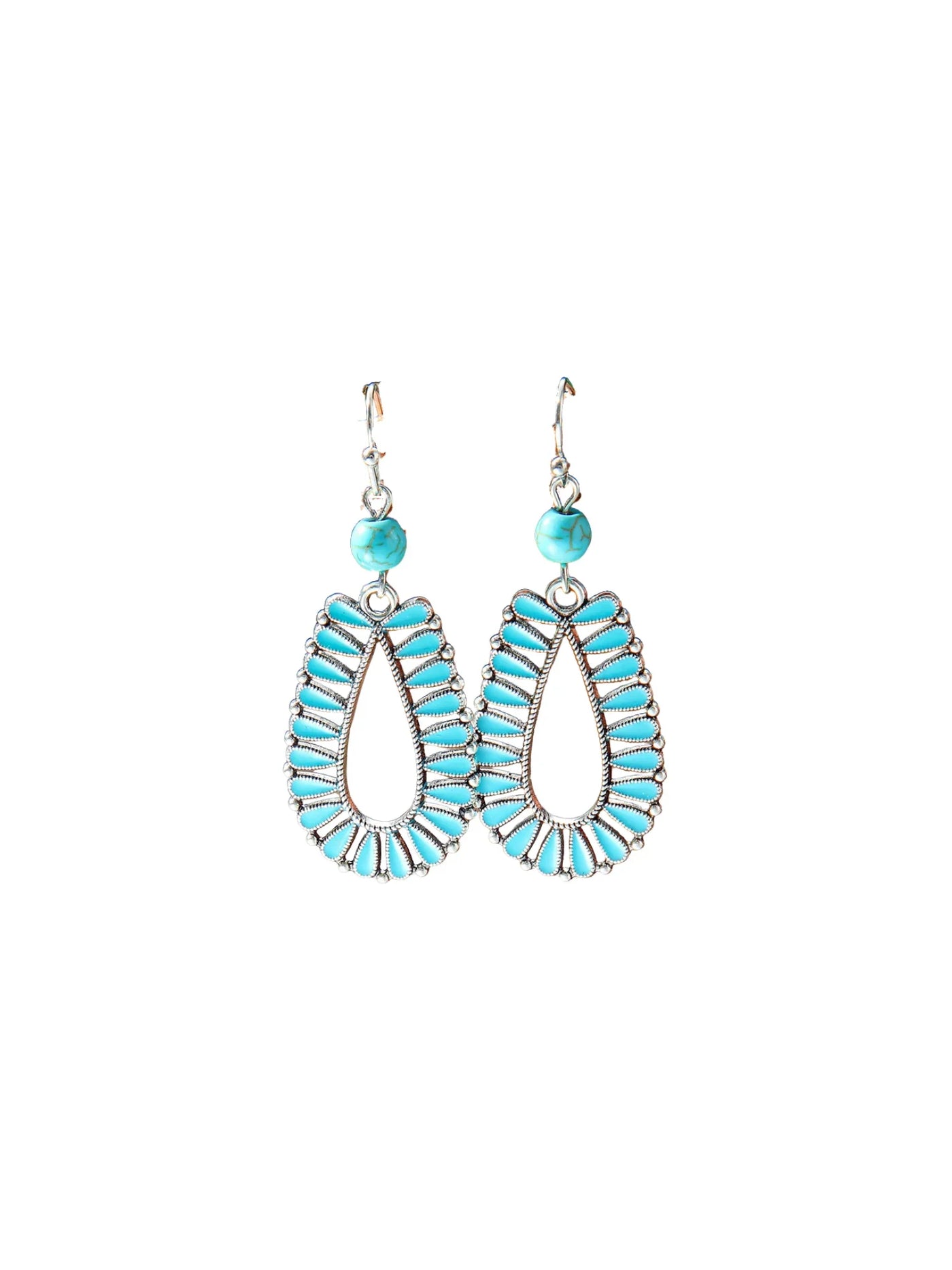 Silver turquoise teardrop earrings on white background.