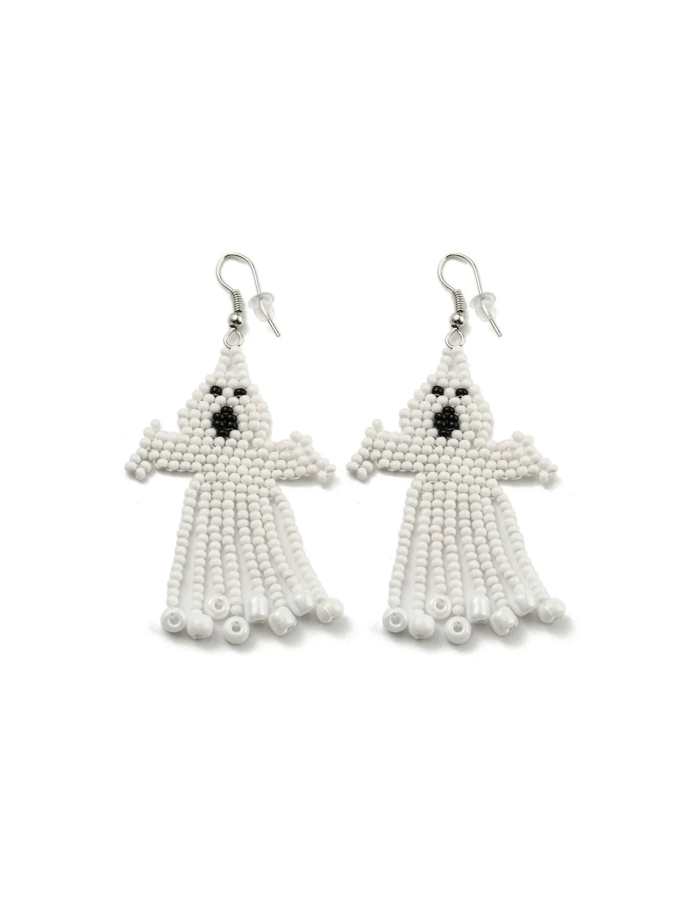 Beaded ghost-shaped earrings on a white background.