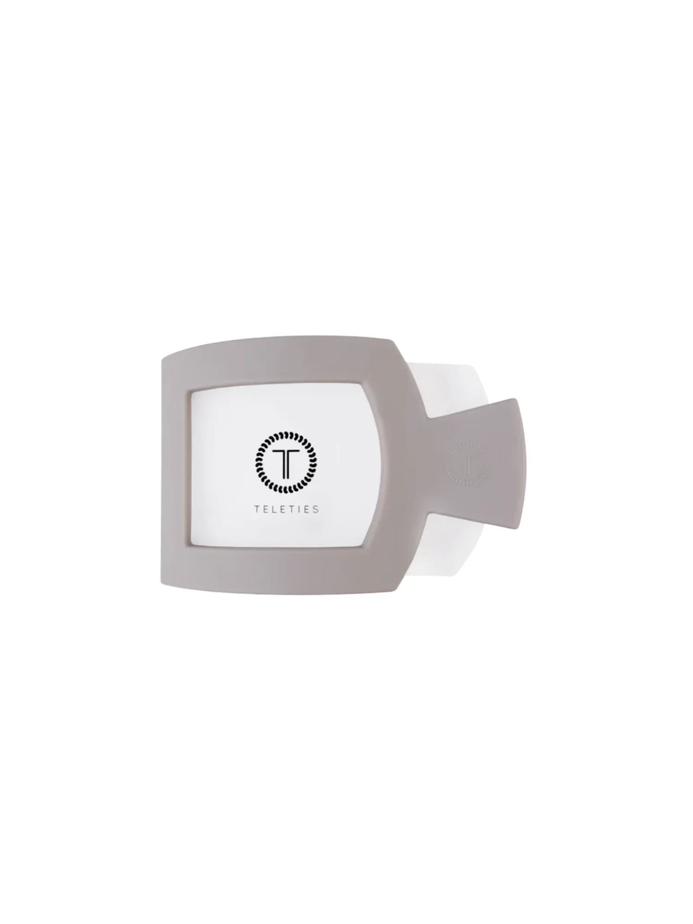 Light grey medium square hair clip on white background, front.
