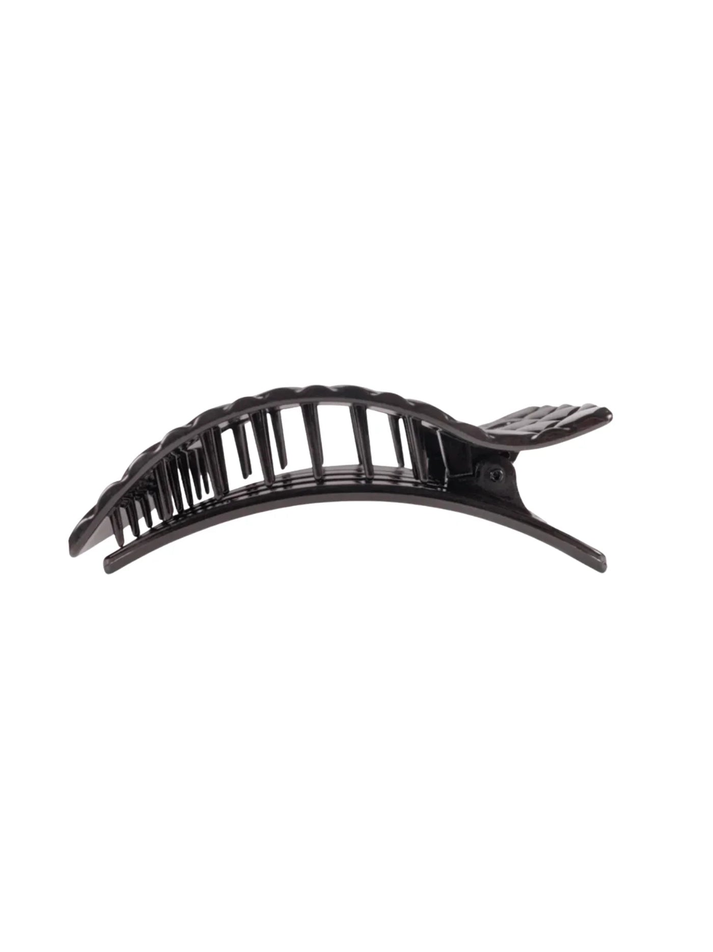 Black quilted large rectangle hair clip on white background, side.