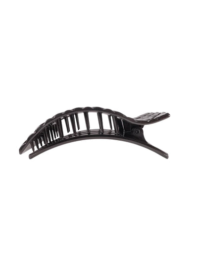 Black quilted large rectangle hair clip on white background, side.