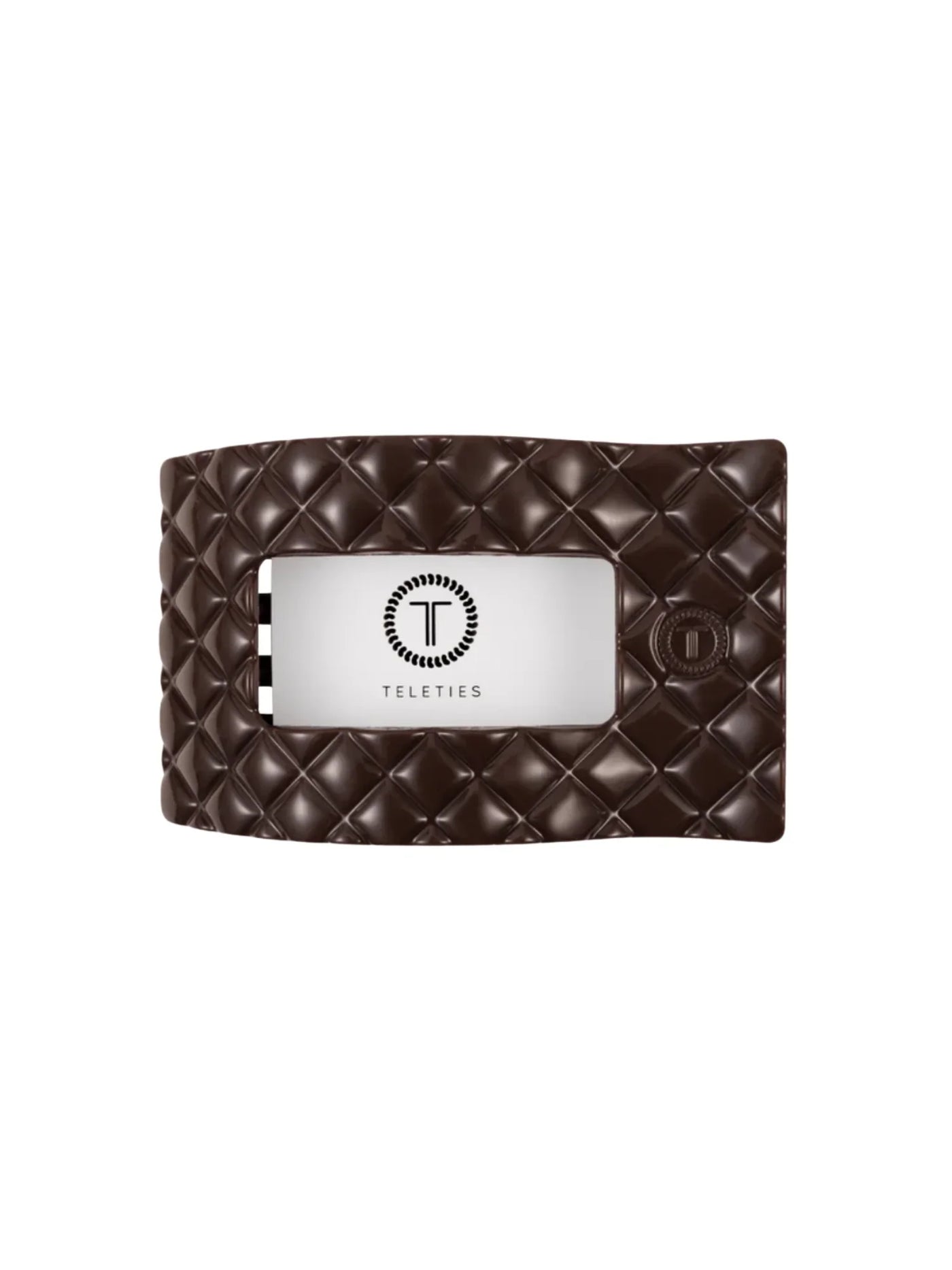 Dark brown large rectangle hair clip on white background, front.