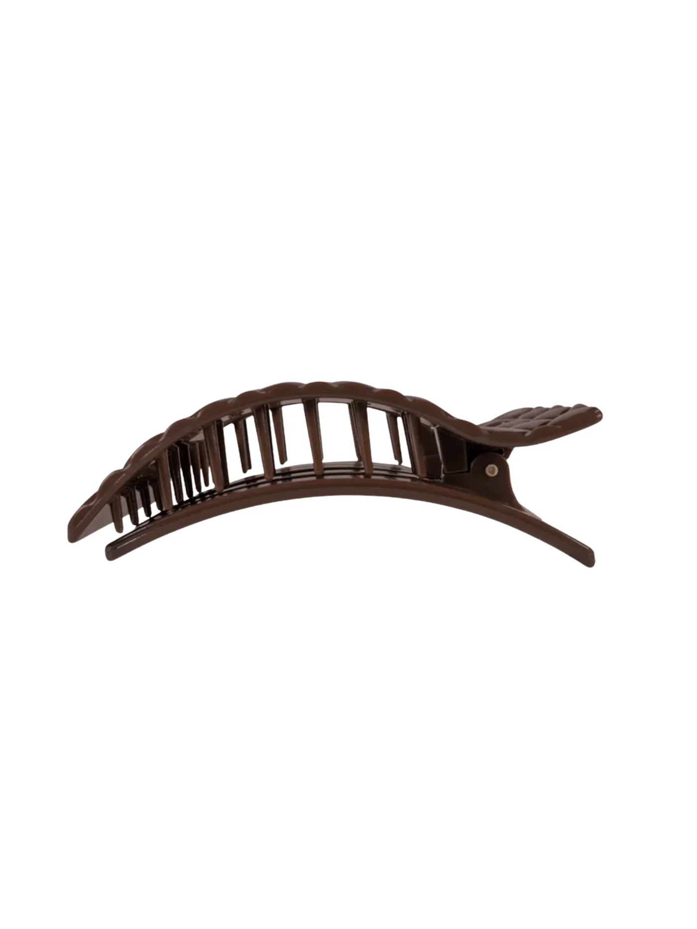 Dark brown large rectangle hair clip on white background, side.
