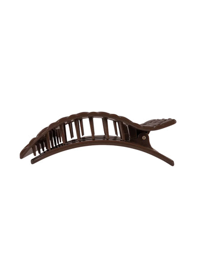 Dark brown large rectangle hair clip on white background, side.