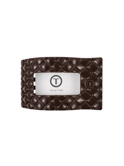 Dark brown large rectangle hair clip on white background, front.