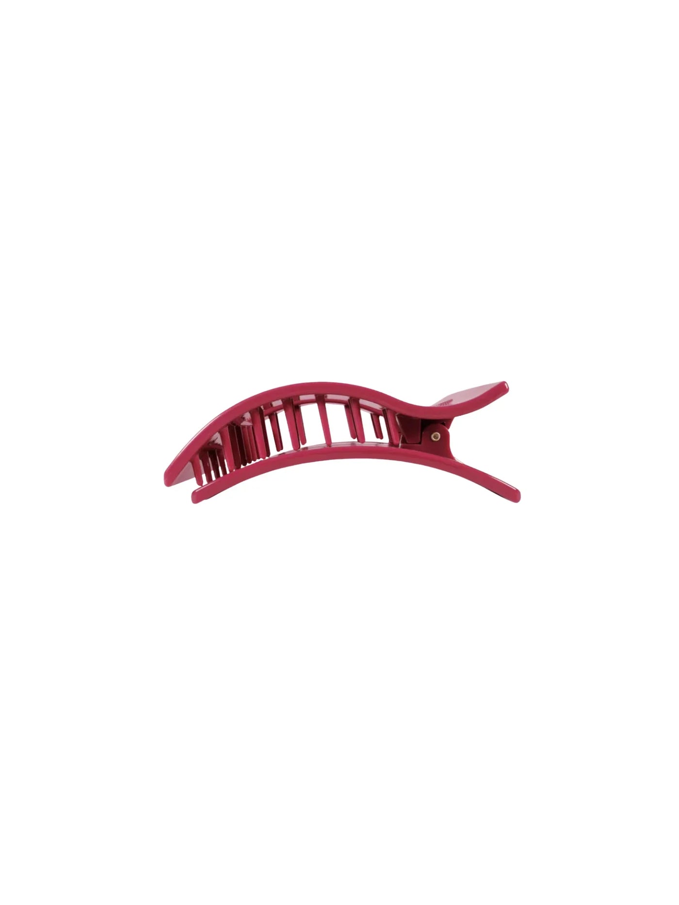 Maroon small rectangle hair clip on white background, side.