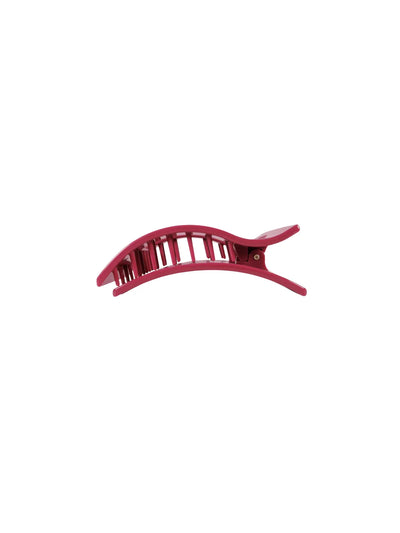 Maroon small rectangle hair clip on white background, side.