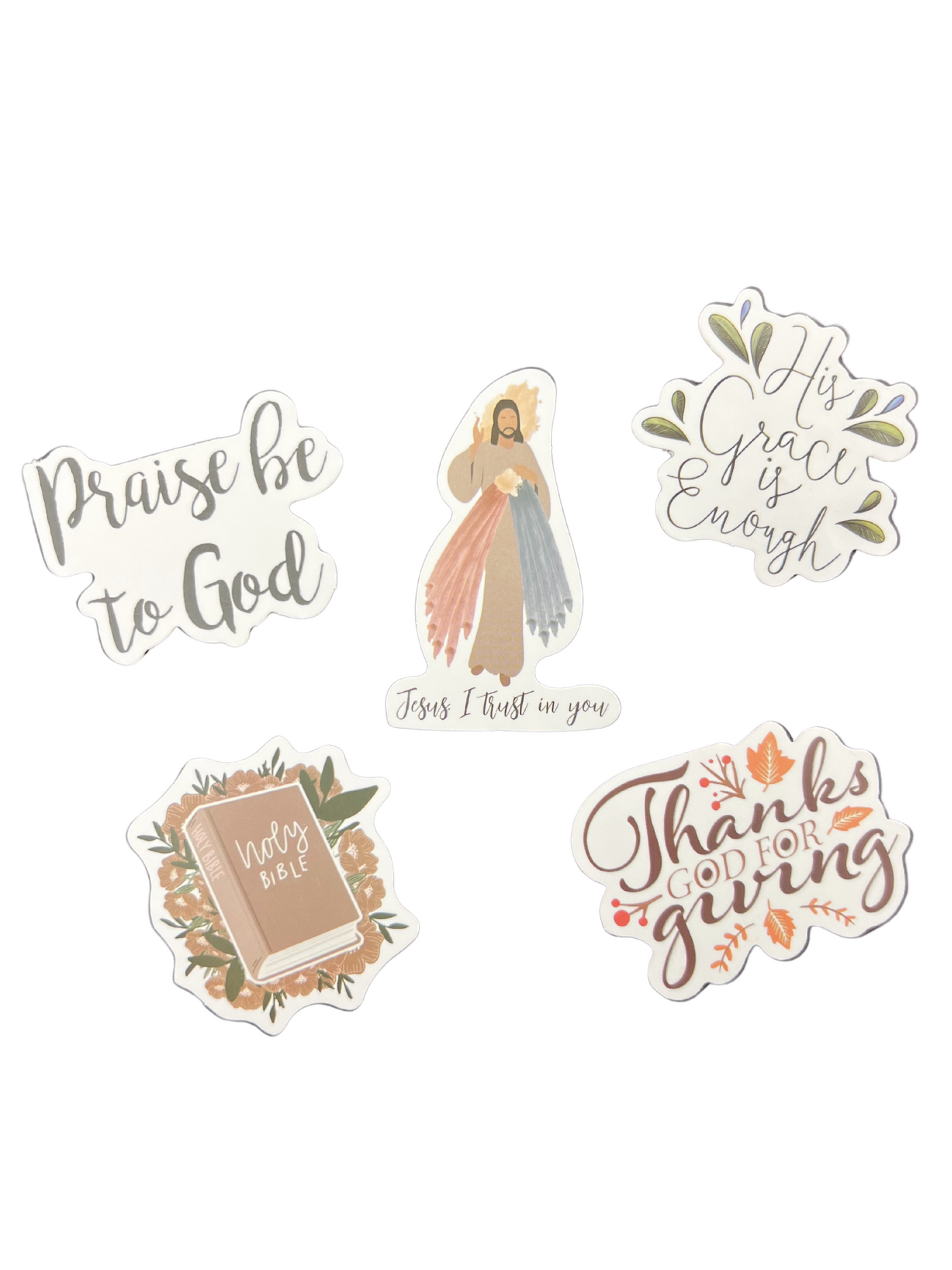 Set of 5 Christian stickers in neutral on white background.