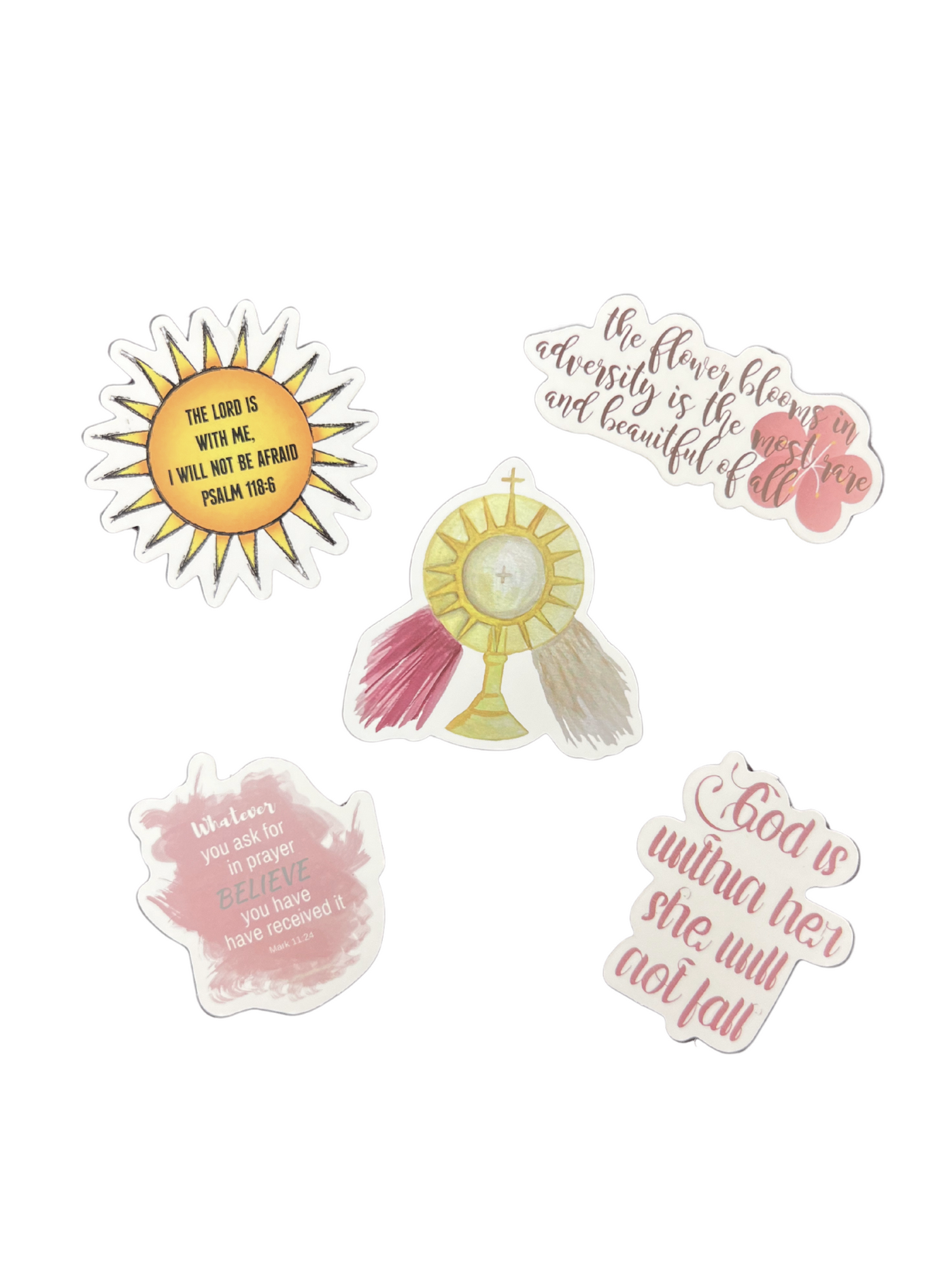 Set of 5 Christian stickers in dusty pink on white background.
