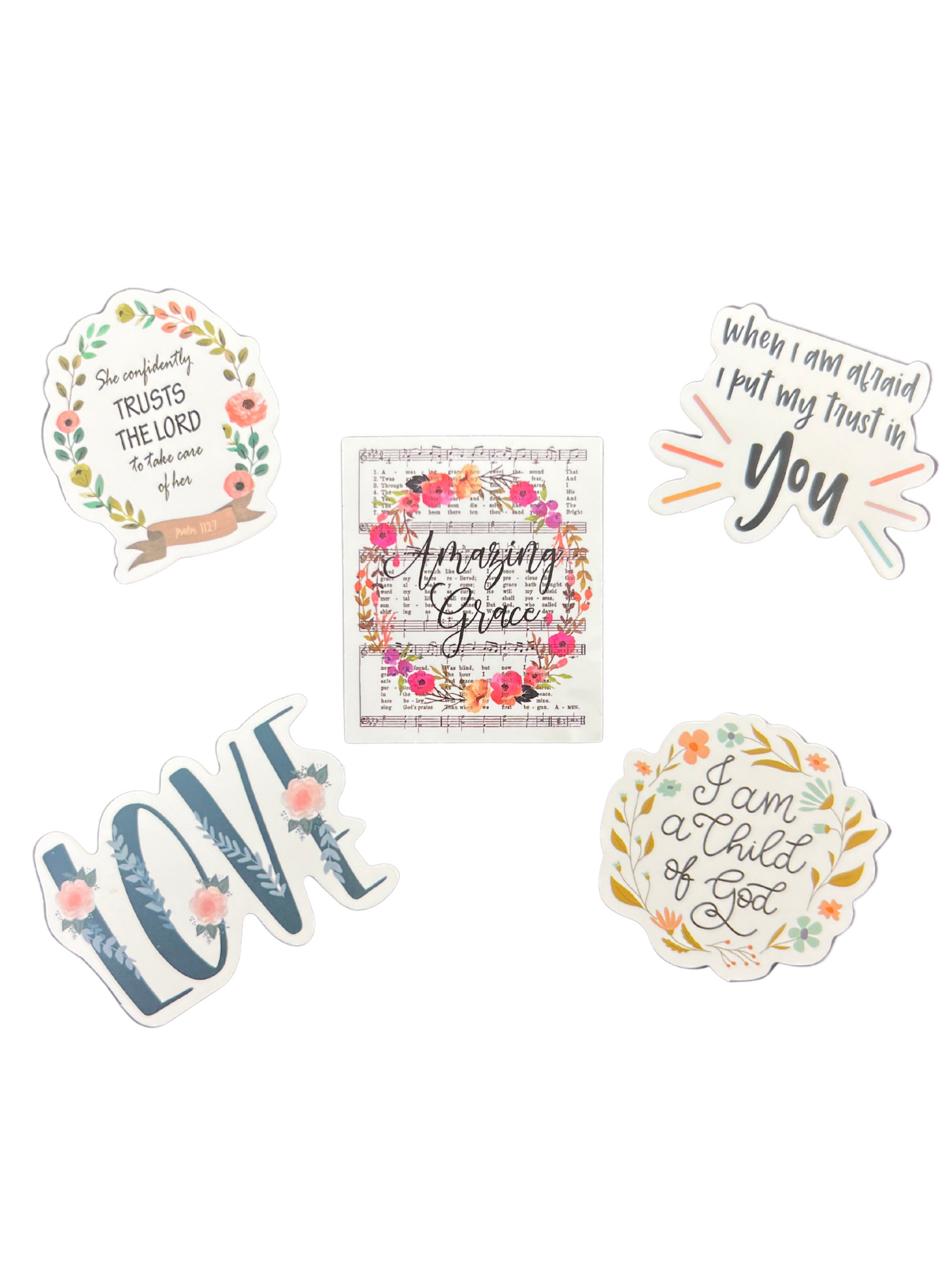 Set of 5 Christian stickers in pastel on white background.