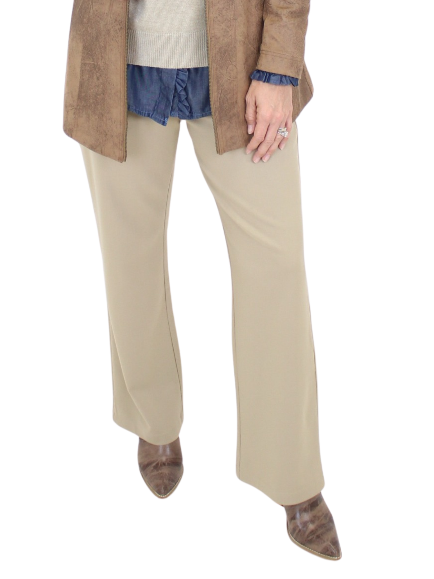 Person wearing beige pants with a brown jacket and blue underwear visible.