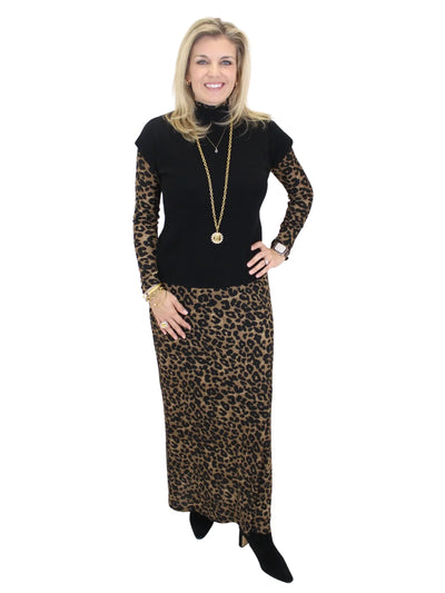 Molly Bracken Short Sleeve Mock Neck Sweater - Black full front view iwith Maxi leopard top and skirt.