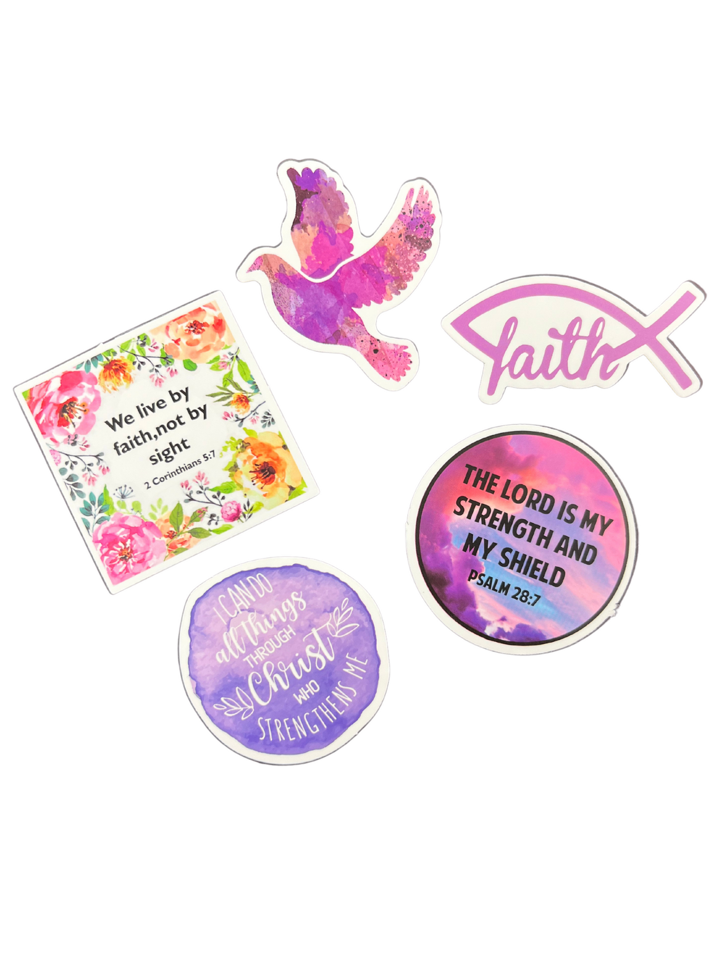 Set of 5 Christian Stickers - Purple, on white background.