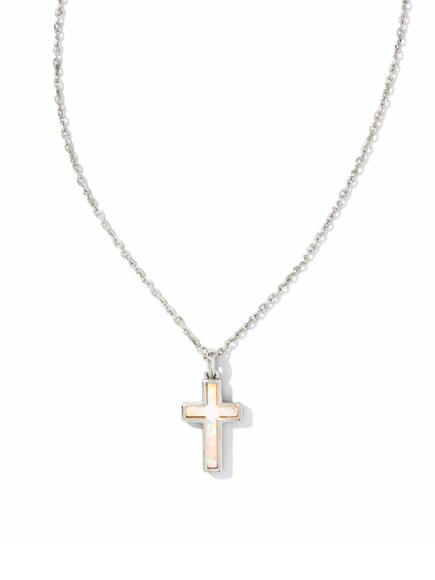 Cross Pendant Necklace Silver White Opal on white background, front view.