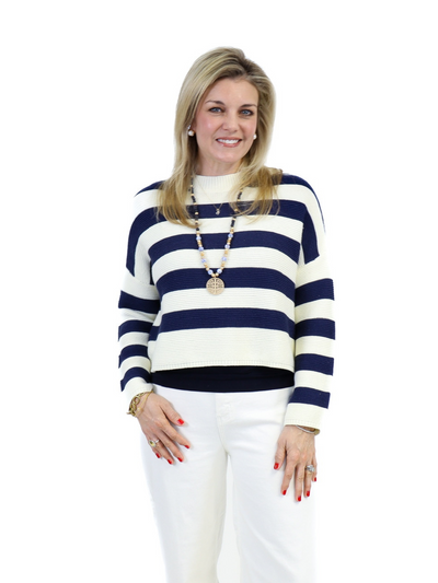 Stripe Knit Sweater - Navy front view.