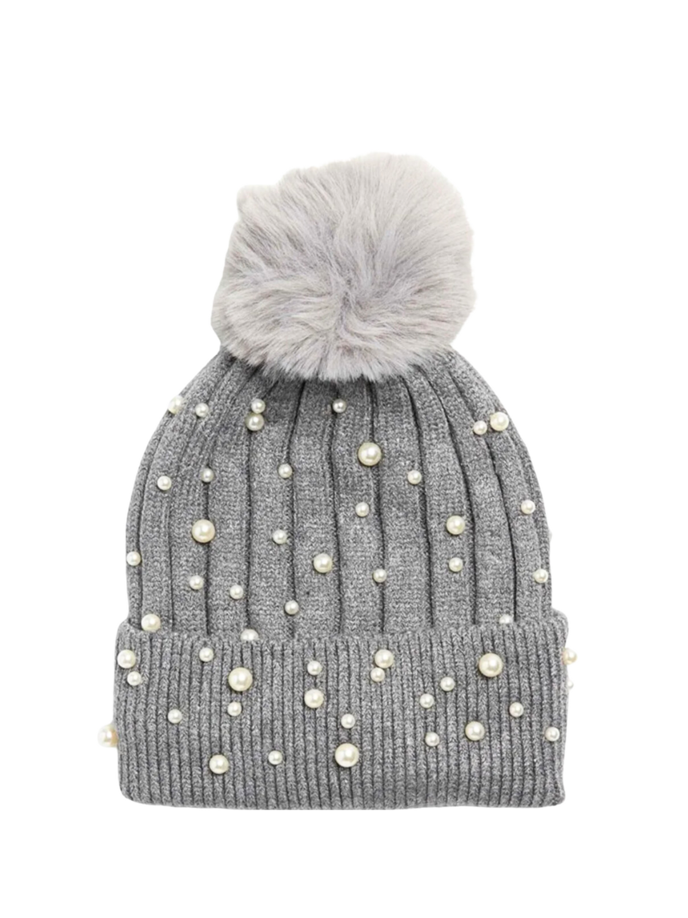 Light Gray Pearl Embellished Pom Beanie front view.