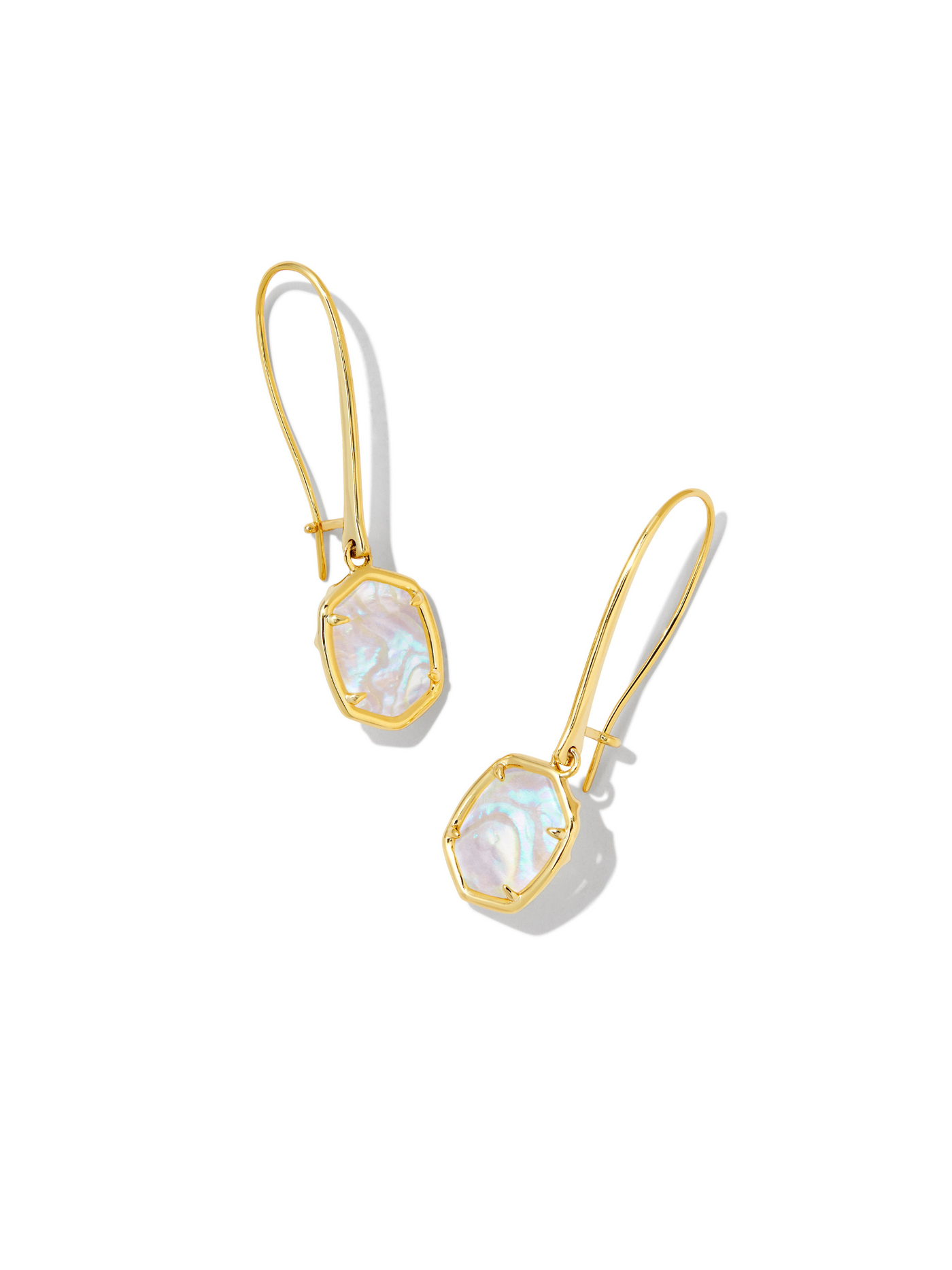 Kendra Scott Daphne Wire Drop Earrings in Gold Iridescent Abalone on white background.