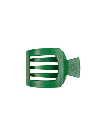 Sparkly green square claw clip on white background, front.